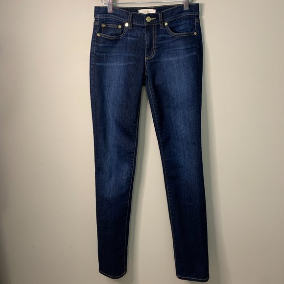 Tory Burch Dark Blue Jeans Stretch Straight Leg Embossed‎ Pocket Logo Size 26 - Picture 1 of 10